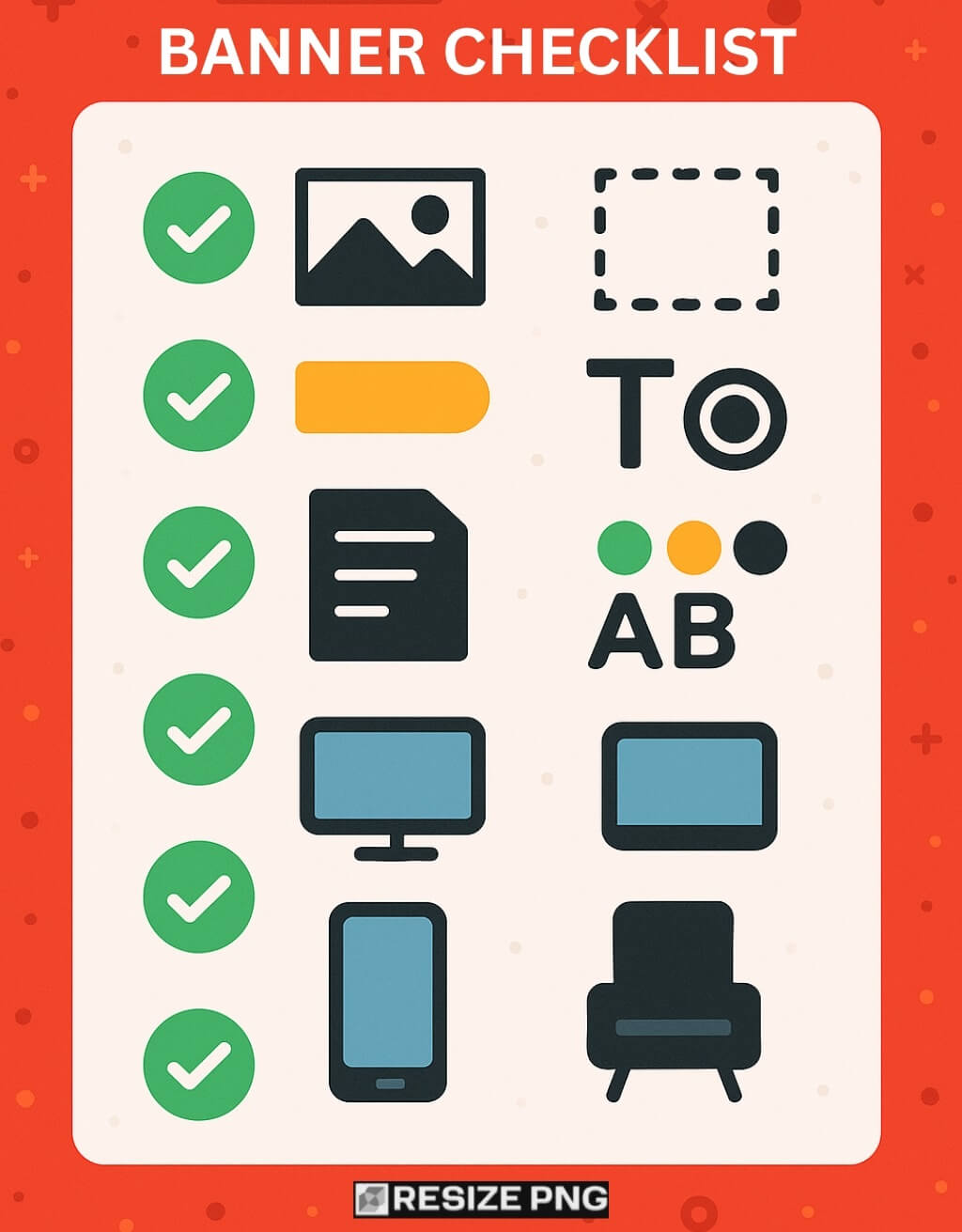 Checklist-style infographic featuring green check icons next to banner-related symbols like images, safe area, typography, color palette, and device previews