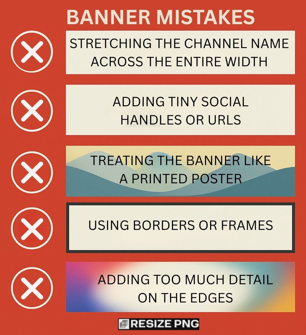 Infographic showing common YouTube banner mistakes with large red X icons and simple illustrated panels