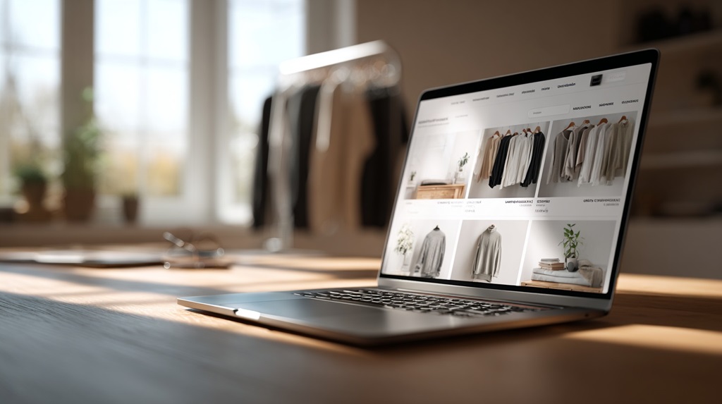 Laptop on a wooden desk displaying a clean ecommerce clothing grid