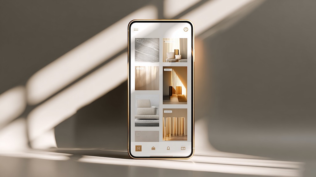 Smartphone standing upright showing a clean mobile product grid