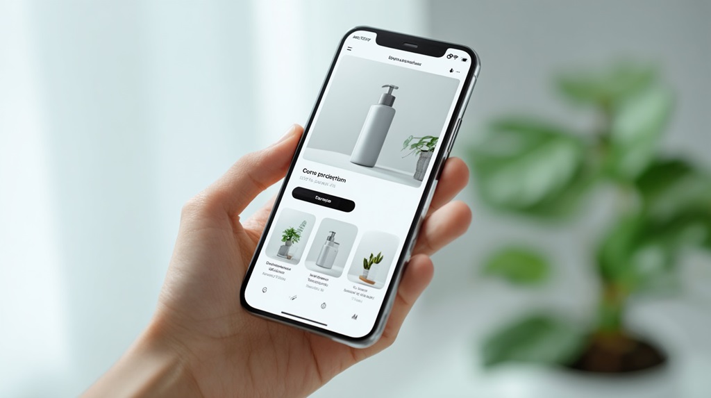 Hand holding a smartphone displaying a minimal mobile ecommerce product page