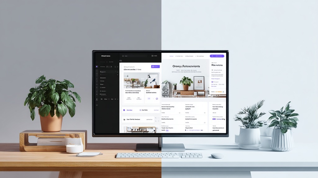 Computer monitor showing a split-screen ecommerce interface in light and dark modes