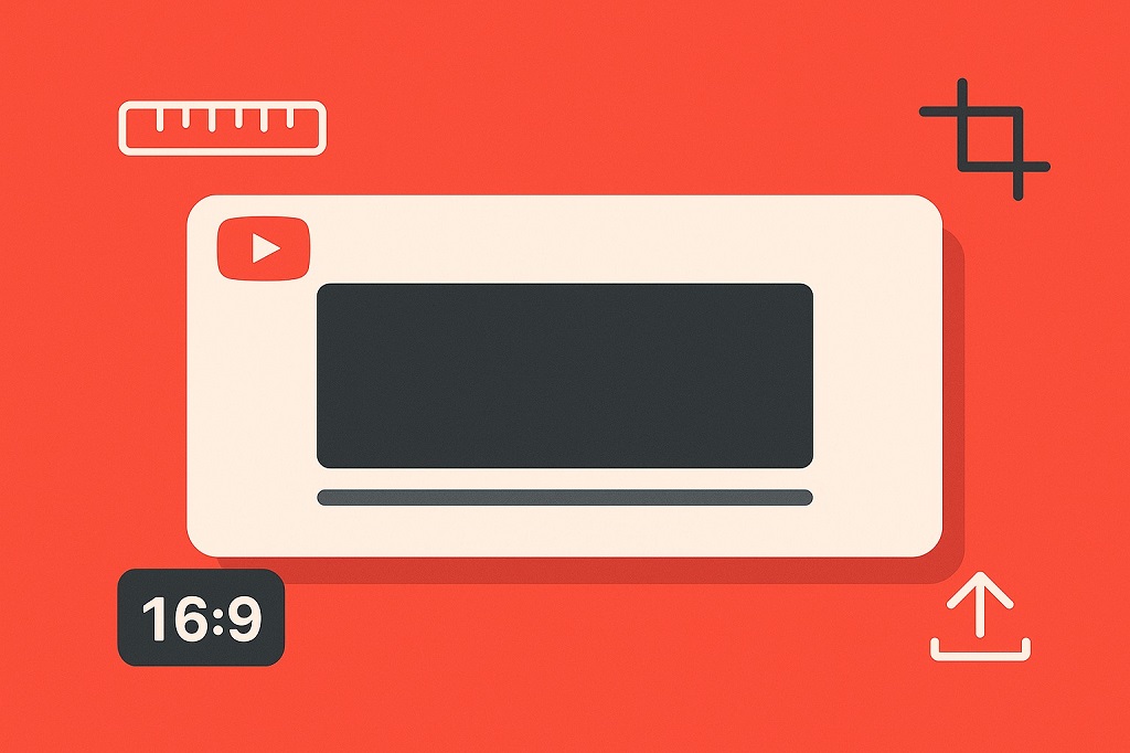 Flat graphic of a YouTube banner layout with crop icons, a ruler, and a 16:9 label on a red background