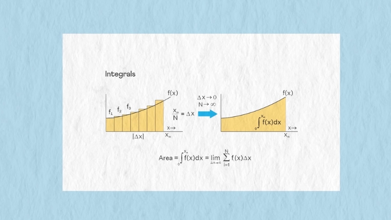 Diagram showing Riemann sums approaching an integral as rectangles become finer under a curve