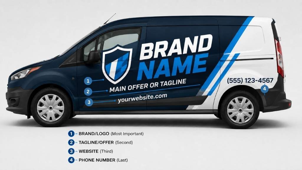 Vehicle wrap design example showing clear branding hierarchy with logo, tagline, website, and phone number on a side panel