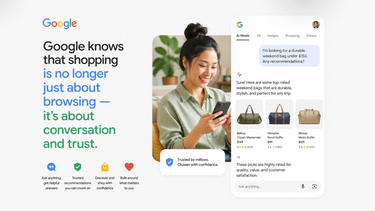 A woman uses Google AI Mode to compare weekend bags and product recommendations