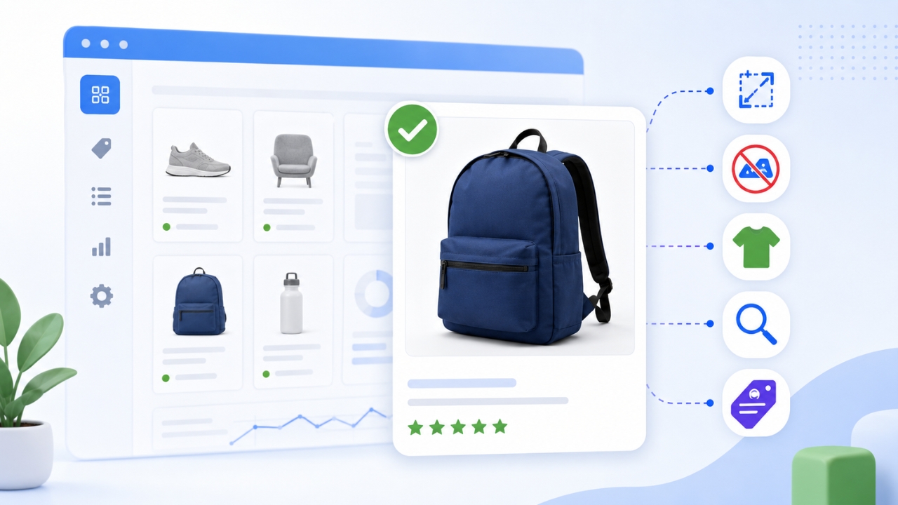Product image dashboard with a blue backpack and visual compliance icons