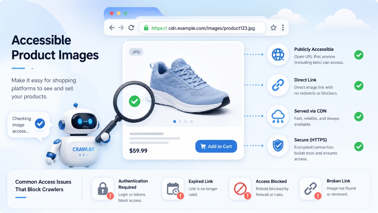 A crawler checks a product image URL for secure public access