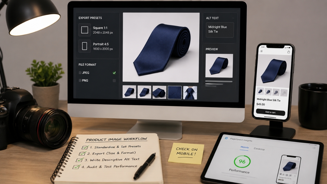 A desktop workspace displays product image presets, alt text, a mobile preview, and page speed results