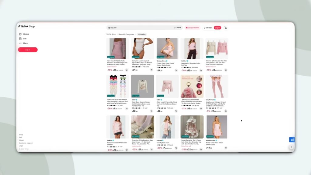 TikTok Shop page displays women’s fashion products in a search grid