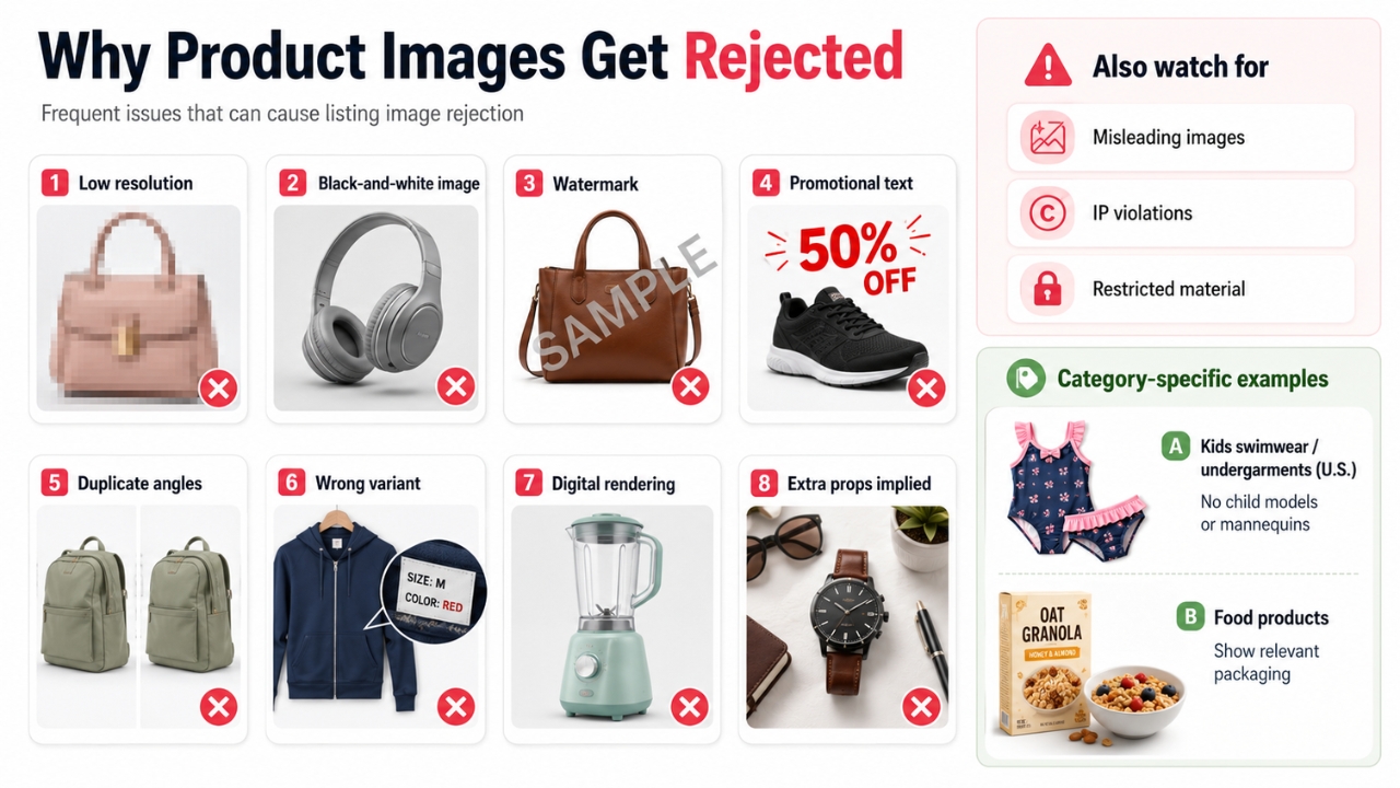 An infographic shows common TikTok Shop product image rejection issues and category-specific rules